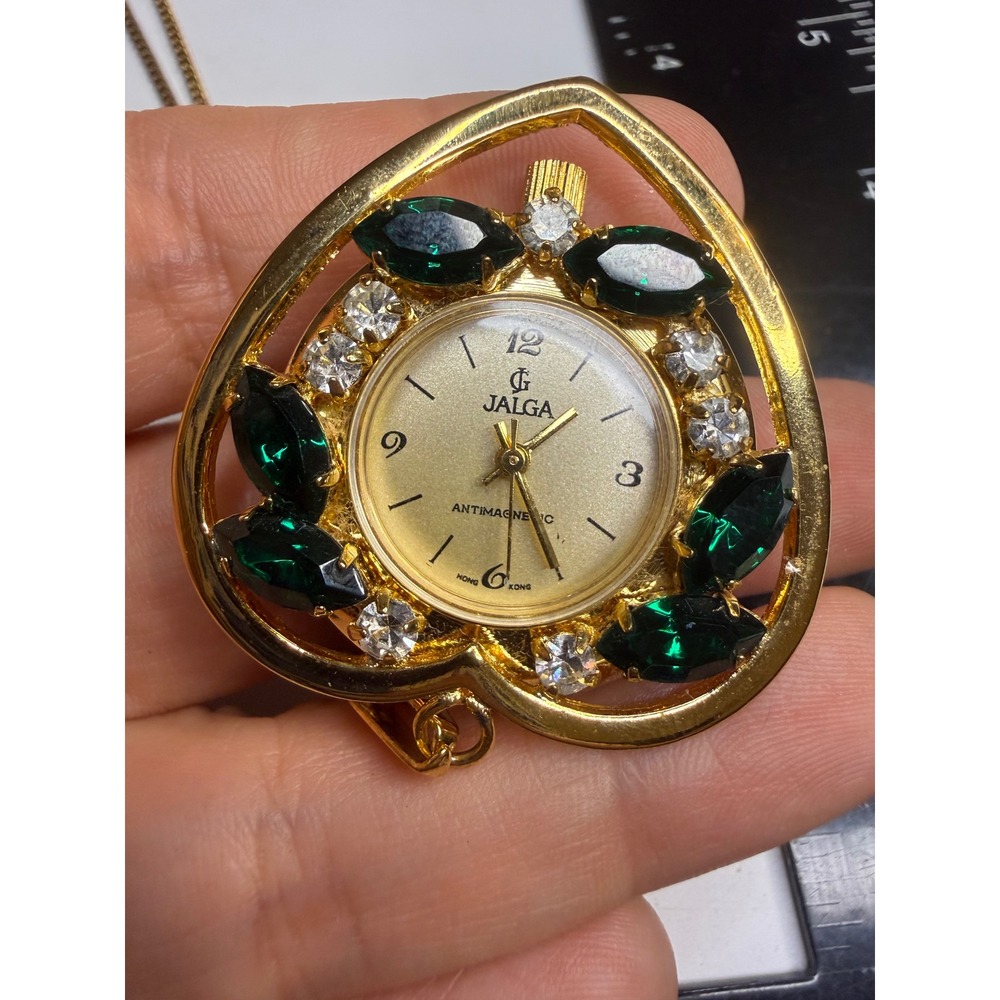 Jalga Heart Pendant Watch Necklace Gold Tone Emerald Green Rhinestone Crystal